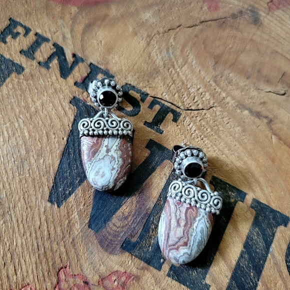 Red Crazy Lace Agate and Garnet Drop Earrings - Picture 5 of 6
